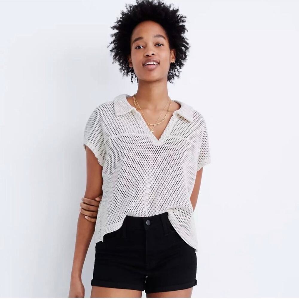 Madewell Open Knit Sweater Top S Ivory Crochet Polo Lightweight Summer Cropped